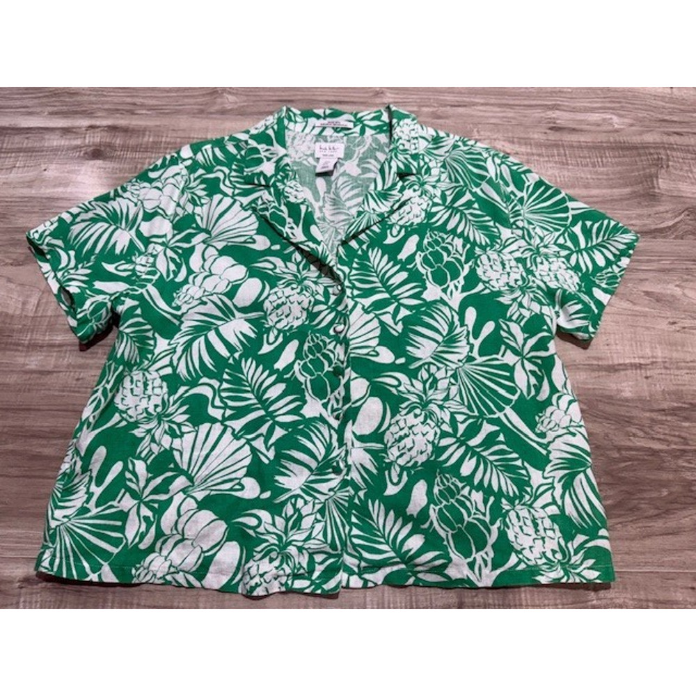 Nicole Miller Tropical Floral Print 100% Linen Button-Up Shirt - Size Med.